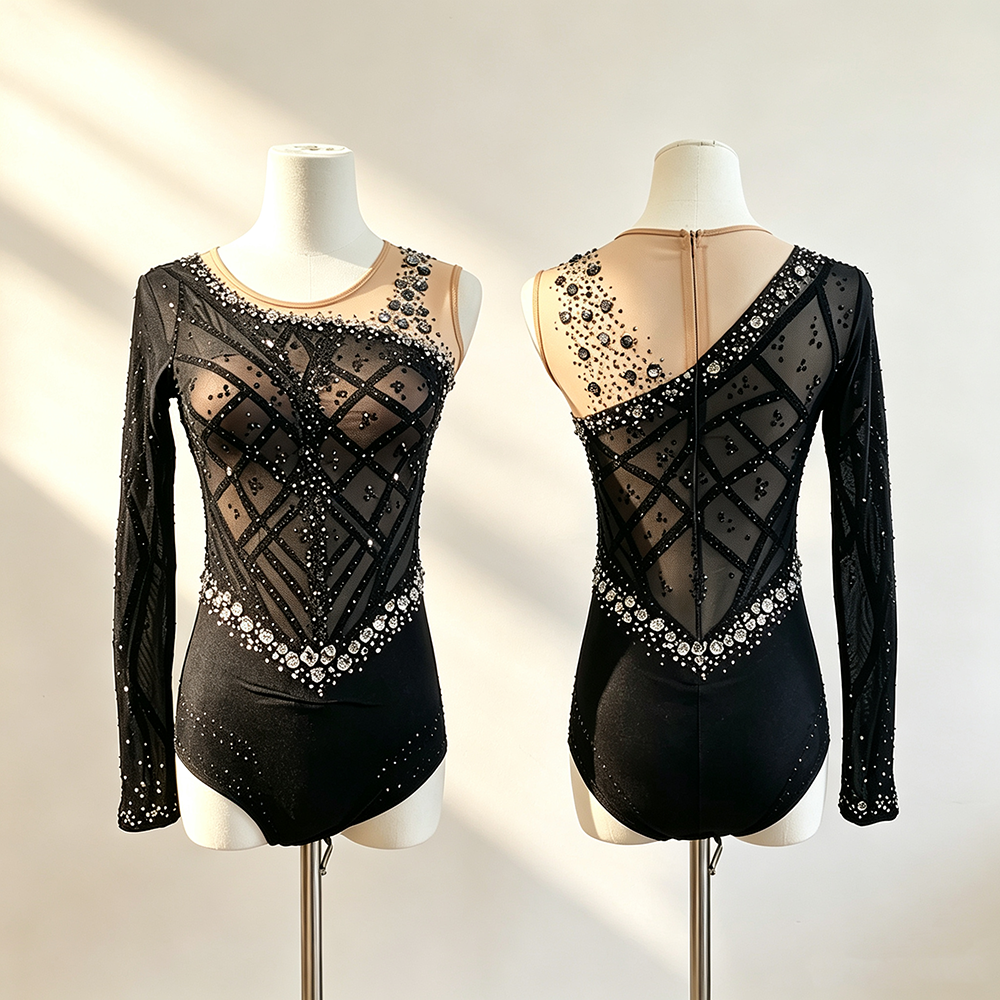 LIUHUO Rhythmic Gymnastics Leotards JC637 | Black Asymmetric Single Long Sleeve Diamond Lattice Crystal Gymnastics Costume for Girls
