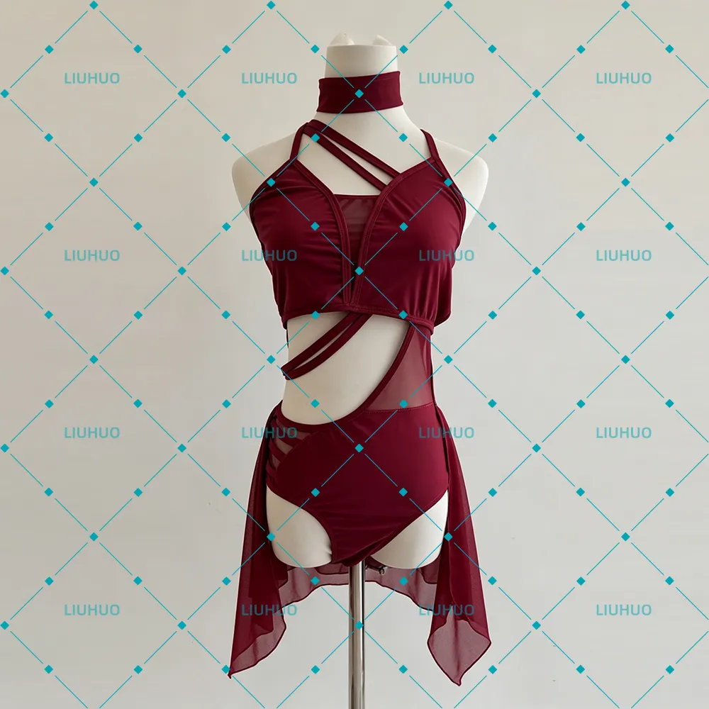LIUHUO Lyrical Dance Costume JC1250 | Strappy Cross-Back High-Neck Chiffon Skirt Cutout Leotards for Women & Girls