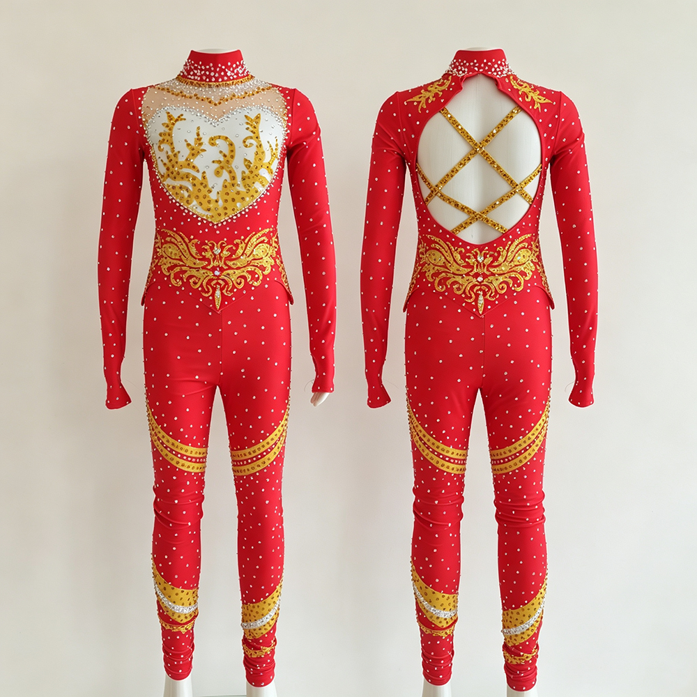 LIUHUO Rhythmic Gymnastics Unitard JC1243 | Scarlet Red Gold Baroque Heart Crystal Full-Body Jumpsuit Cat suit for Women & Girls