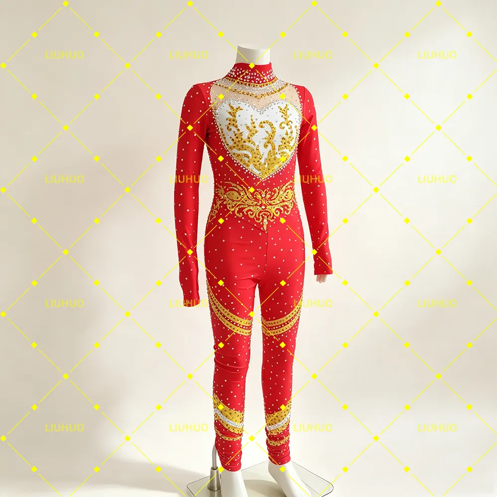 LIUHUO Rhythmic Gymnastics Unitard JC1243 | Scarlet Red Gold Baroque Heart Crystal Full-Body Jumpsuit Cat suit for Women & Girls
