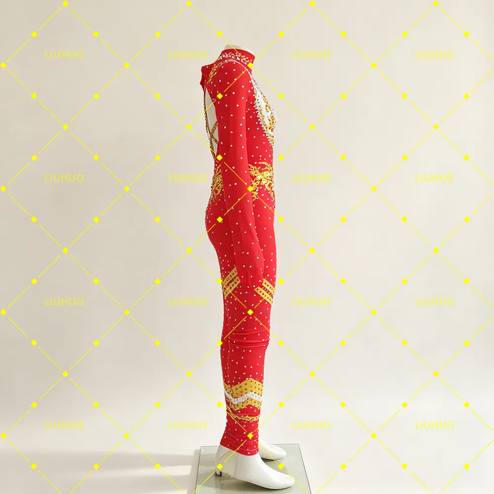 LIUHUO Rhythmic Gymnastics Unitard JC1243 | Scarlet Red Gold Baroque Heart Crystal Full-Body Jumpsuit Cat suit for Women & Girls