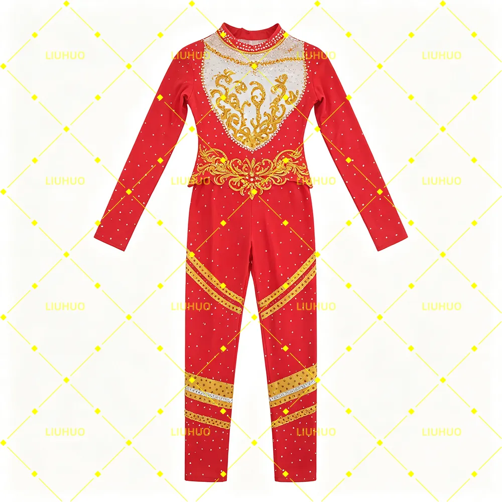 LIUHUO Rhythmic Gymnastics Unitard JC1243 | Scarlet Red Gold Baroque Heart Crystal Full-Body Jumpsuit Cat suit for Women & Girls
