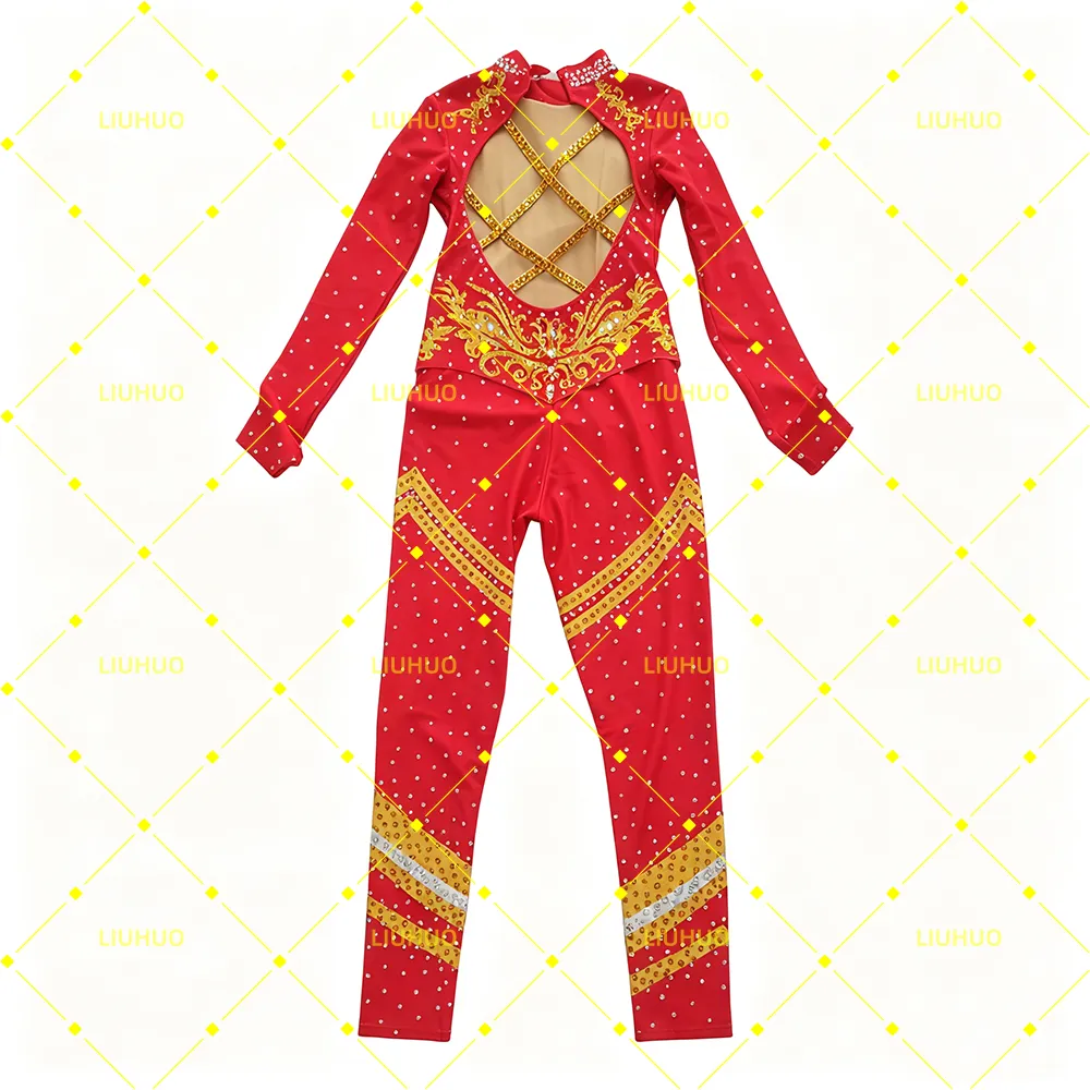 LIUHUO Rhythmic Gymnastics Unitard JC1243 | Scarlet Red Gold Baroque Heart Crystal Full-Body Jumpsuit Cat suit for Women & Girls
