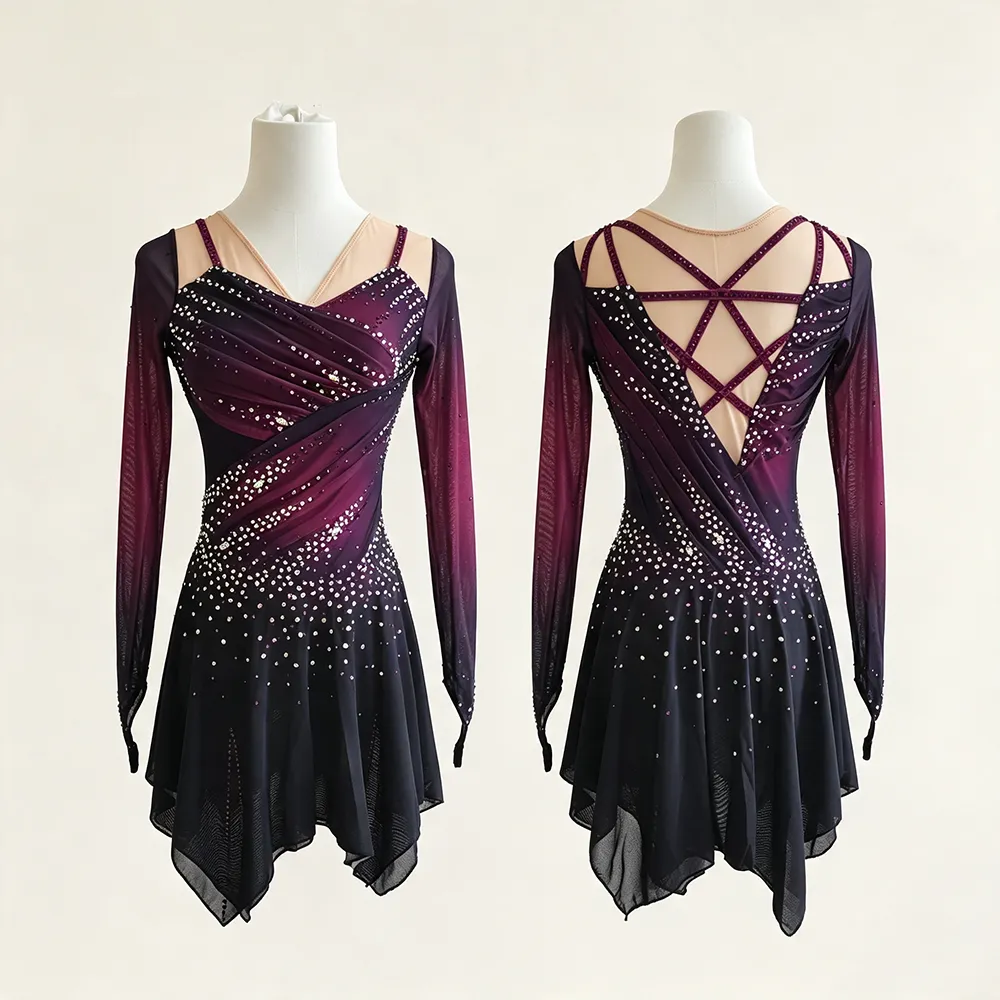 LIUHUO Figure Skating Dress  JC878 | Deep Plum Ombré Ruched Bodice Geometric Star Back Crystal Long Sleeve Outfit for Women & Girls