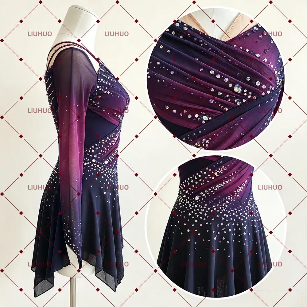 LIUHUO Figure Skating Dress  JC878 | Deep Plum Ombré Ruched Bodice Geometric Star Back Crystal Long Sleeve Outfit for Women & Girls