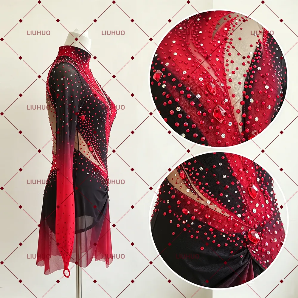 LIUHUO Figure Skating Dress  JC923 | Crimson Red Onyx Black Flame Ombré High-Neck Crystal Long Sleeve Performance Outfit for Women & Girls
