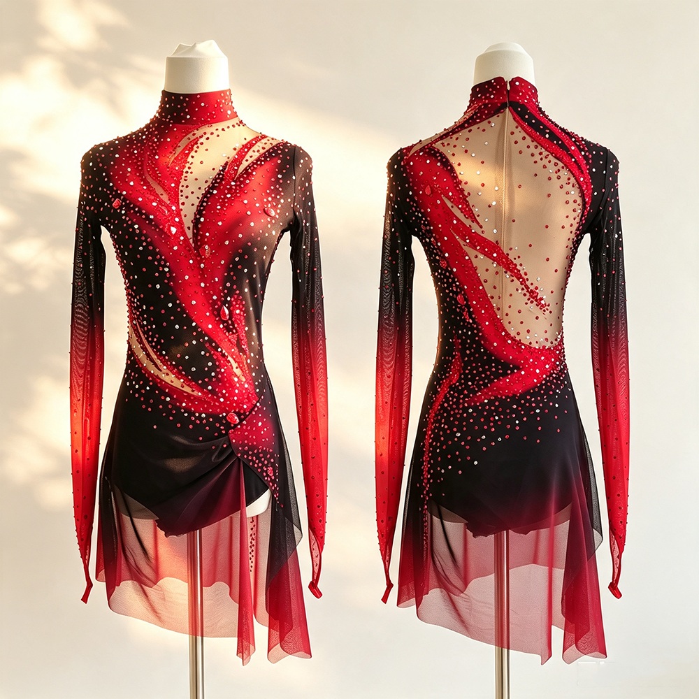 LIUHUO Figure Skating Dress  JC923 | Crimson Red Onyx Black Flame Ombré High-Neck Crystal Long Sleeve Performance Outfit for Women & Girls
