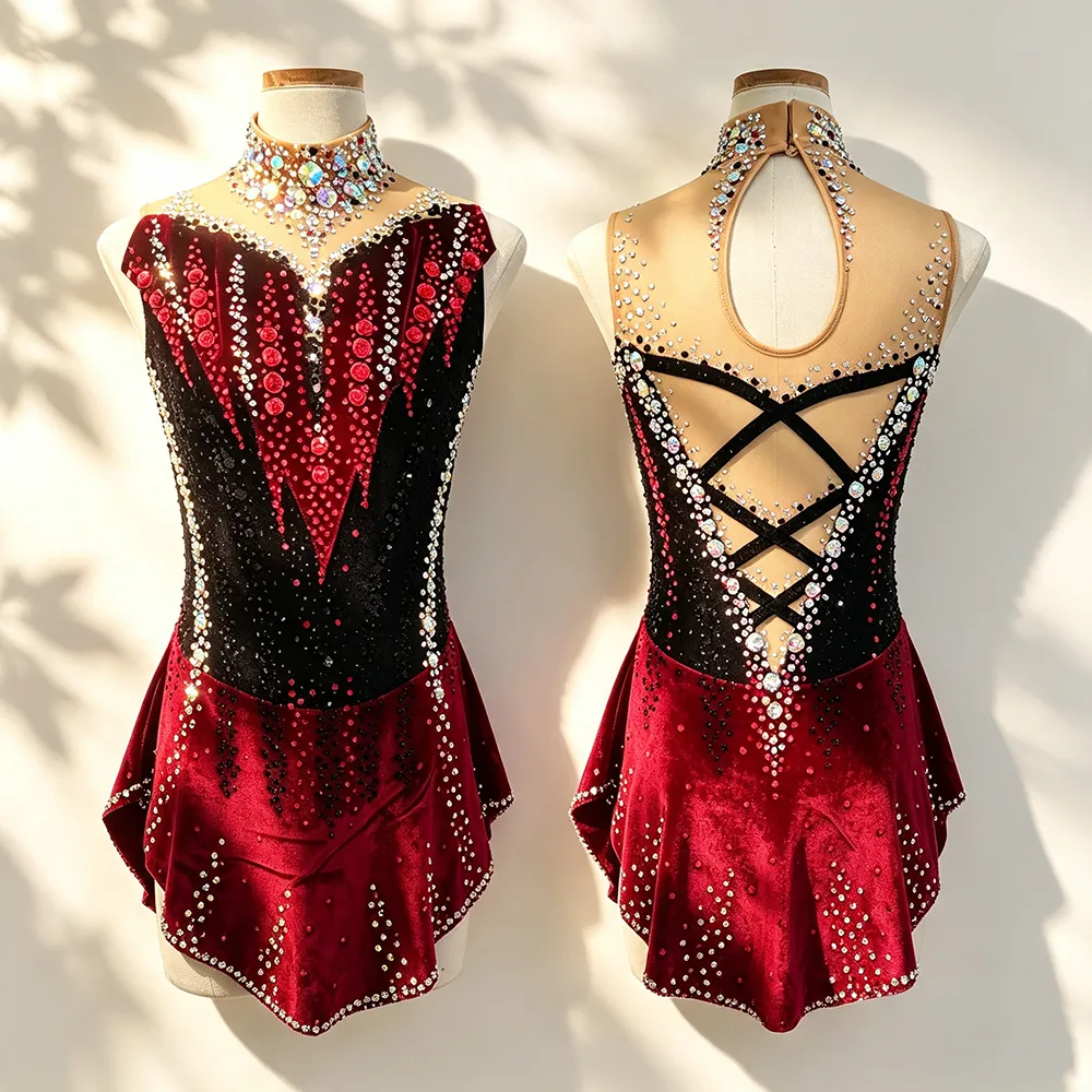 LIUHUO Rhythmic Gymnastics Leotards  JC823 | Burgundy Wine Red Velvet Crystal Choker Keyhole Back Sleeveless Performance Suit for Women & Girls