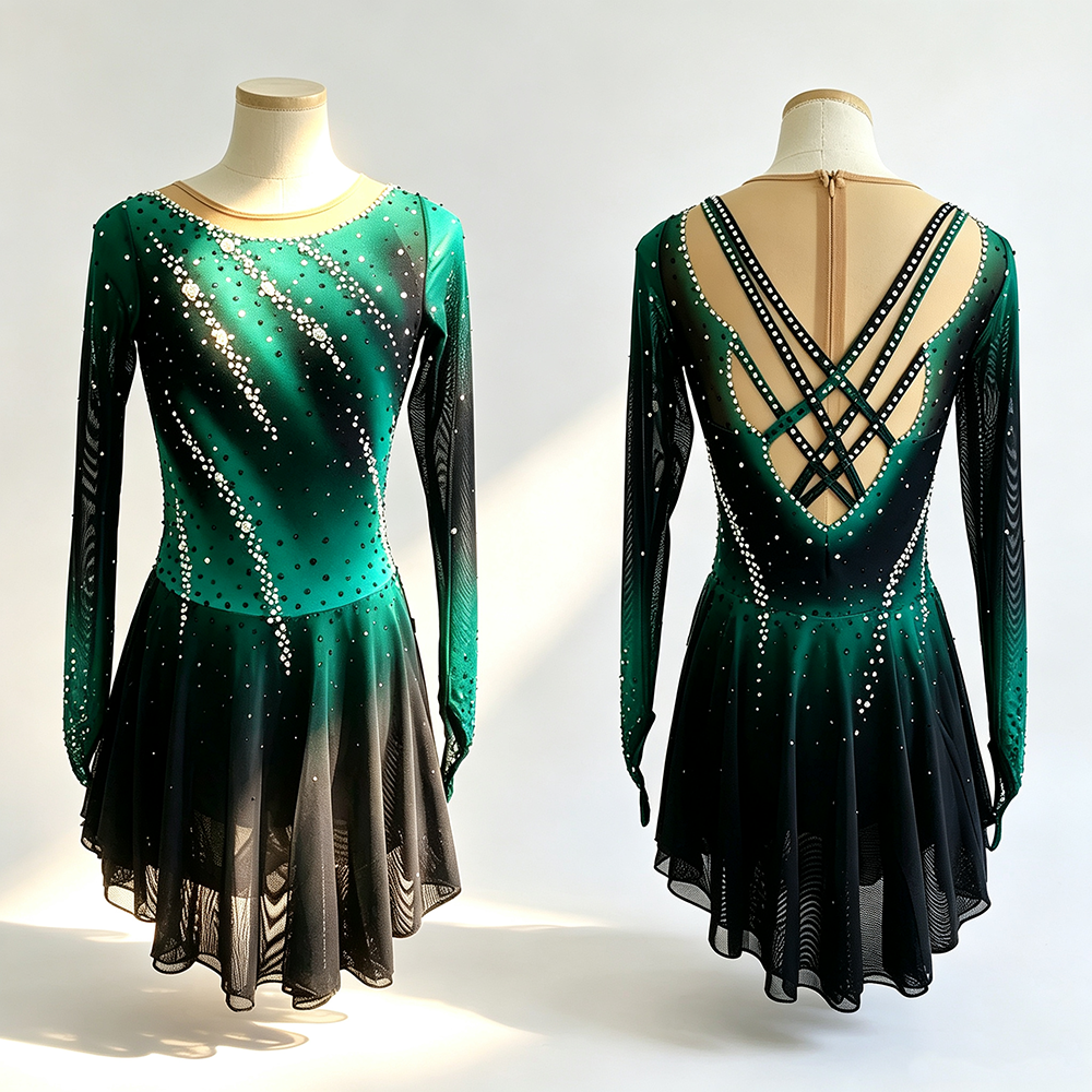 LIUHUO Figure Skating Costume BD8982 | Emerald Green Black Ombré Crisscross Back Competition Skating Costume for Girls