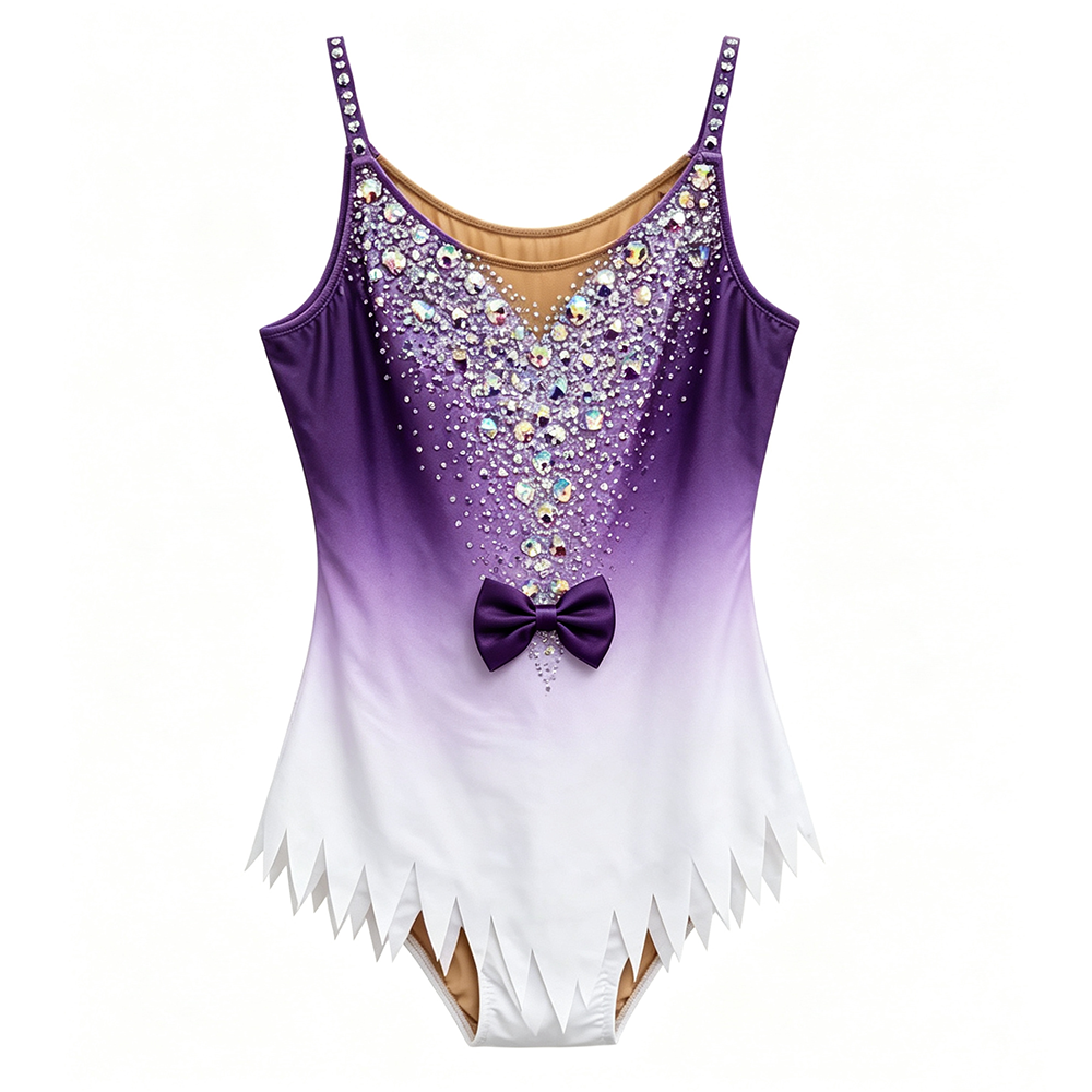 LIUHUO Rhythmic Gymnastics Leotards BD8096 | Purple White Ombré Bow Accent Crystal Jagged Hem Camisole Suit for Women & Girls