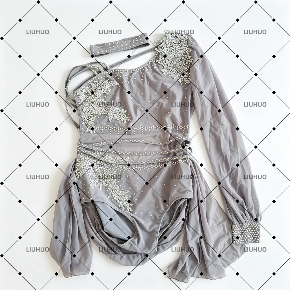 LIUHUO Lyrical Dance Costume BD3518 | Dusty Taupe Asymmetrical Floral Applique Crystal Cross-Back Single Sleeve Costume for Women & Girls
