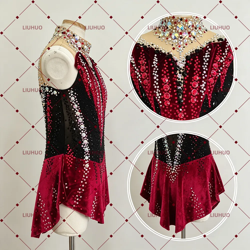 LIUHUO Rhythmic Gymnastics Leotards  JC823 | Burgundy Wine Red Velvet Crystal Choker Keyhole Back Sleeveless Performance Suit for Women & Girls