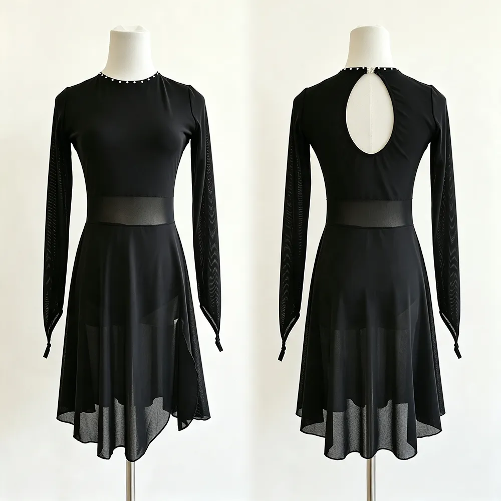 LIUHUO Figure Skating Dress  JC1288 | Minimalist Onyx Black Mesh Waist Keyhole Back Long Sleeve Practice Competition Outfit for Women & Girls