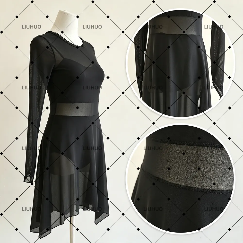 LIUHUO Figure Skating Dress  JC1288 | Minimalist Onyx Black Mesh Waist Keyhole Back Long Sleeve Practice Competition Outfit for Women & Girls