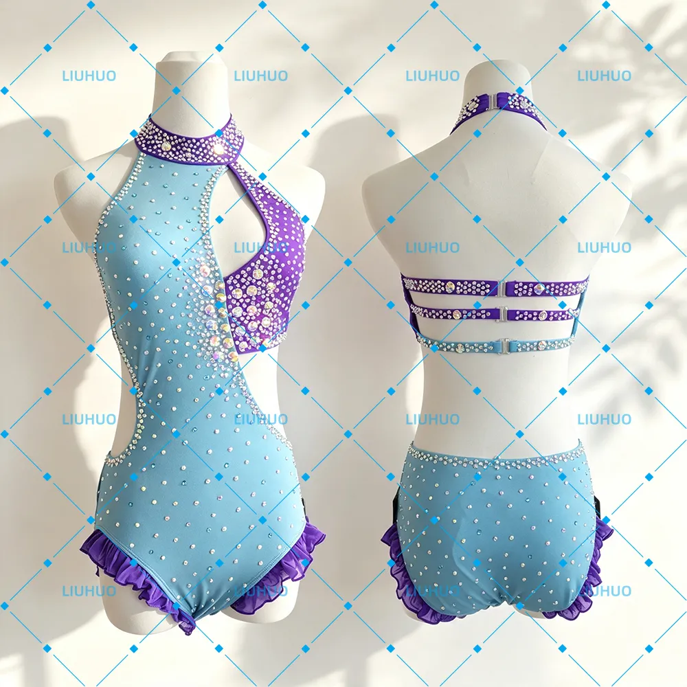 LIUHUO Lyrical Dance Costume JC1313 | Sky Blue Purple Colorblock Crystal Halter Multi-Strap Back Leotard for Women & Girls