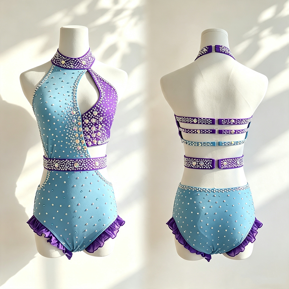 LIUHUO Lyrical Dance Costume JC1313 | Sky Blue Purple Colorblock Crystal Halter Multi-Strap Back Leotard for Women & Girls