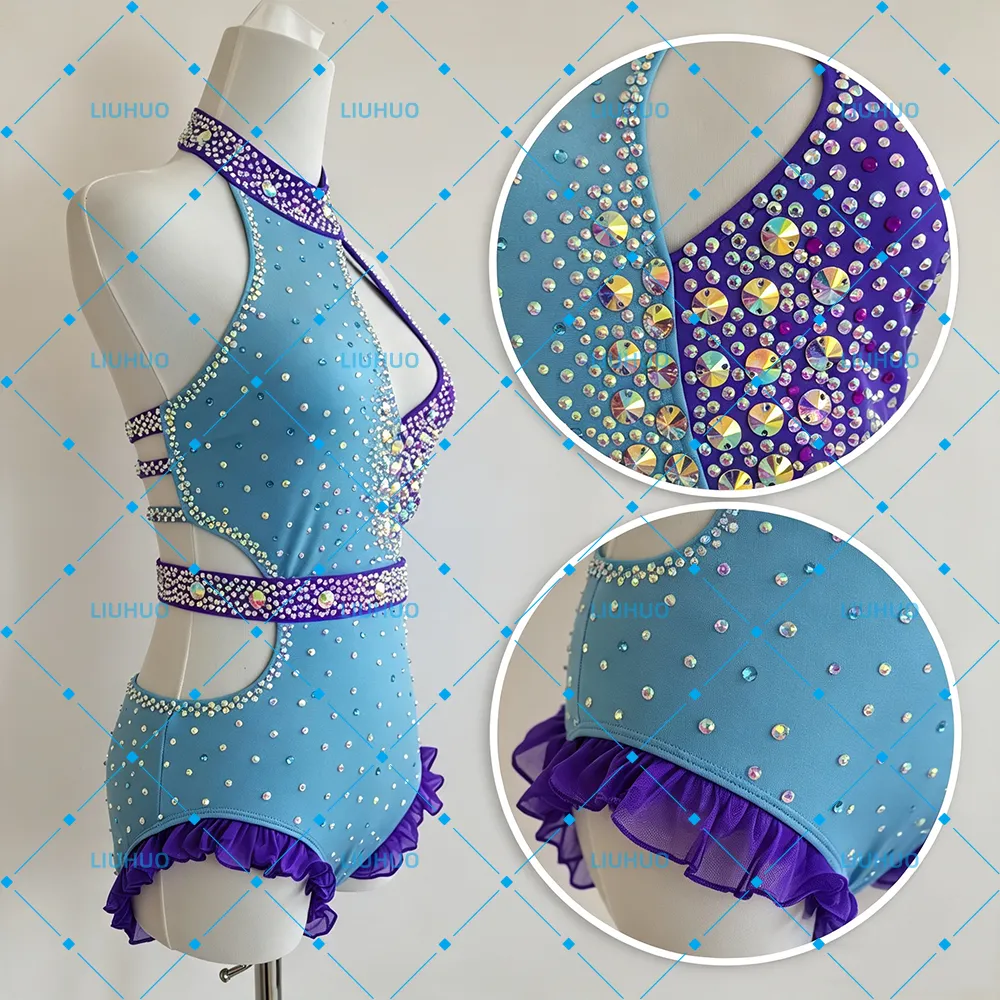 LIUHUO Lyrical Dance Costume JC1313 | Sky Blue Purple Colorblock Crystal Halter Multi-Strap Back Leotard for Women & Girls