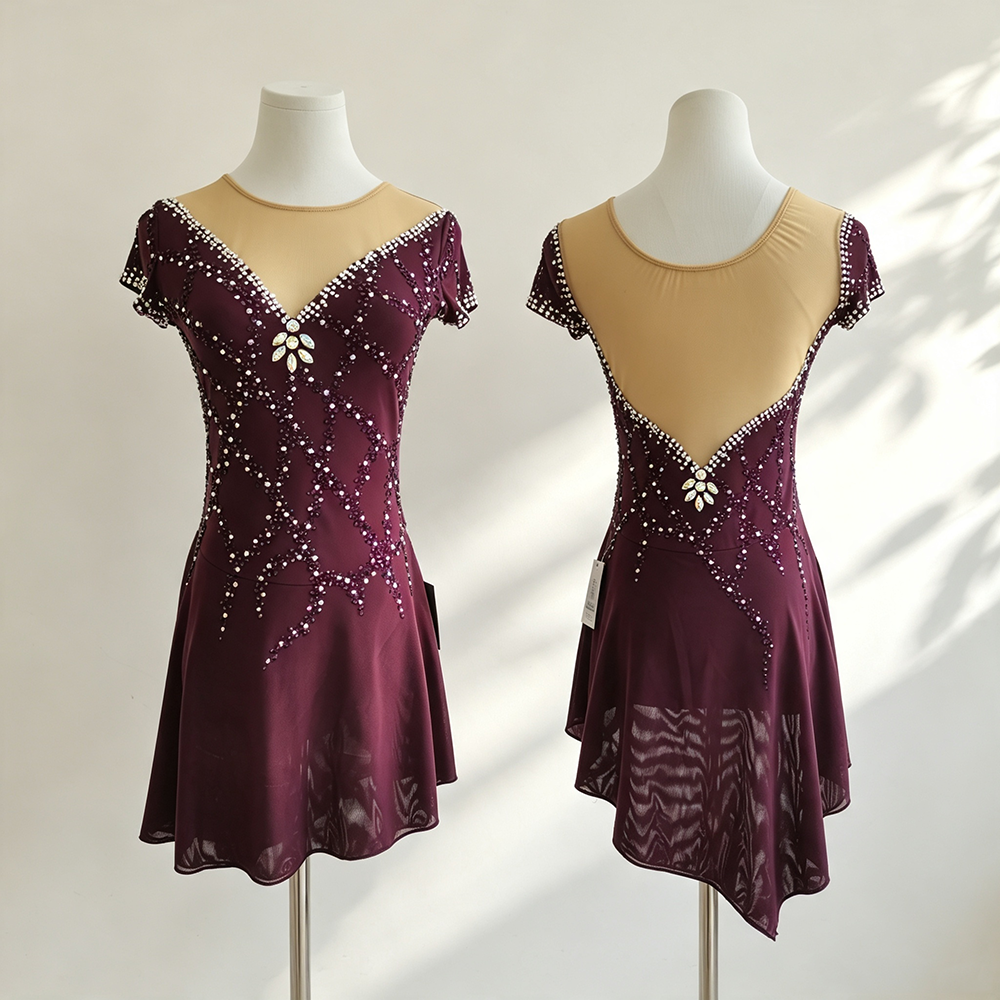 LIUHUO Figure Skating Dress JC332 | Burgundy Crystal Short Sleeve Competition Skating Costume for Girls