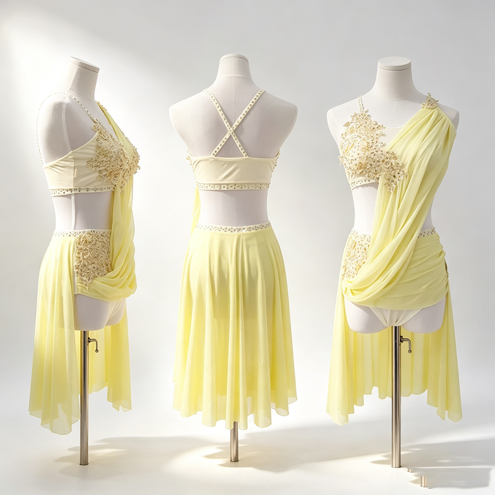 LIUHUO Lyrical Dance Costume BD1447 | Lemon Yellow Asymmetric Draped Lace Competition Contemporary Costume for Girls