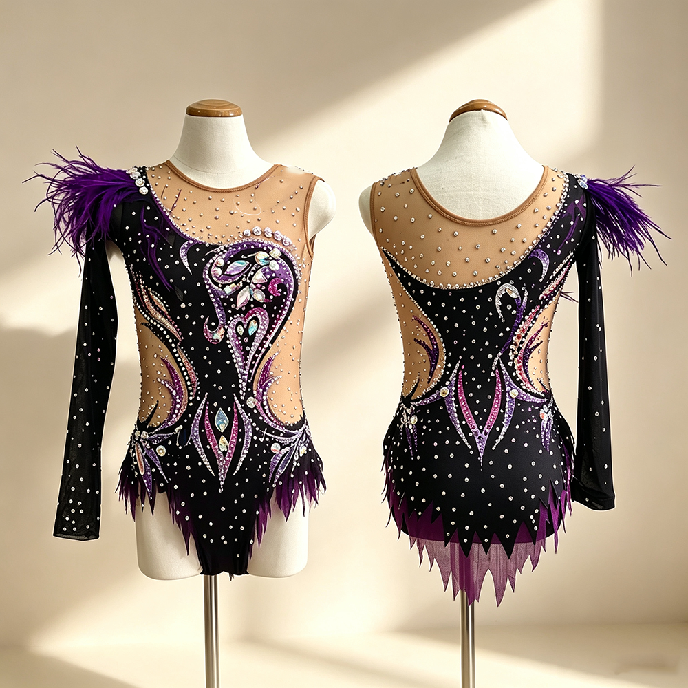 LIUHUO Rhythmic Gymnastics Leotards BD1029 | Black Purple Feather Asymmetric Single Long Sleeve Crystal Gymnastics Costume for Girls