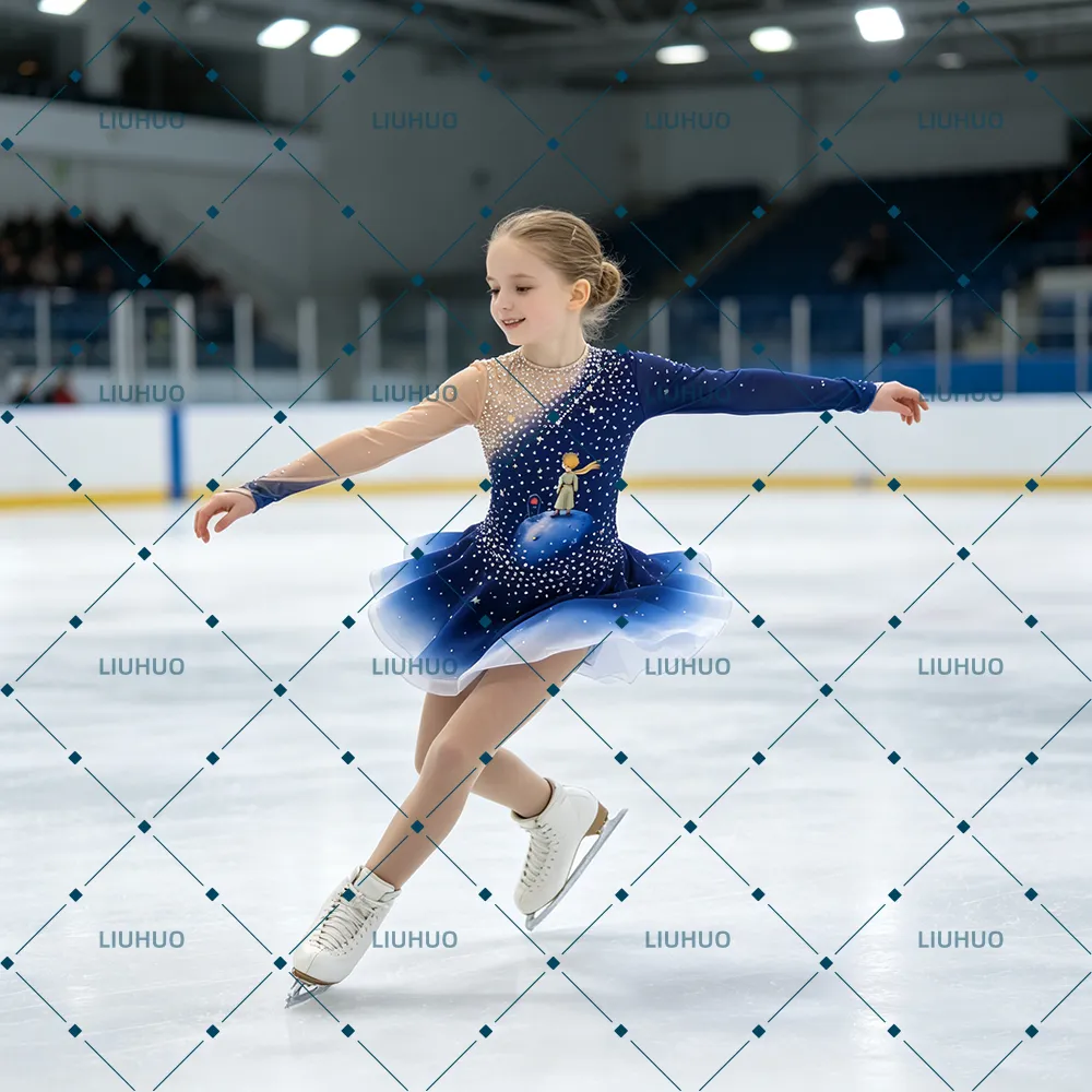 LIUHUO Figure Skating Costume JC1149 | The Little Prince Galaxy Theme Ombre Blue Crystal Skating Costume for Girls