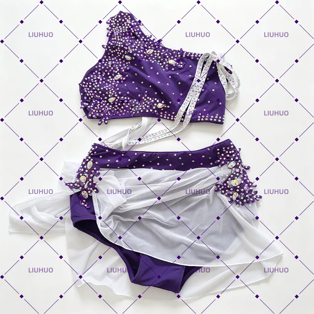 LIUHUO Lyrical Dance Costume BD1926 | Deep Purple White Asymmetrical Crystal Cross-Sash Two-Piece Mesh Costume for Women & Girls