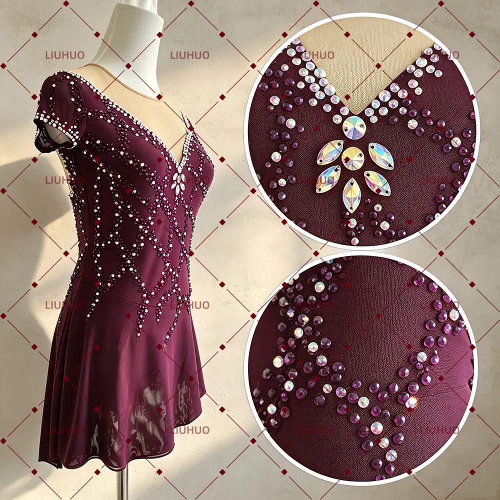 LIUHUO Figure Skating Dress JC332 | Burgundy Crystal Short Sleeve Competition Skating Costume for Girls