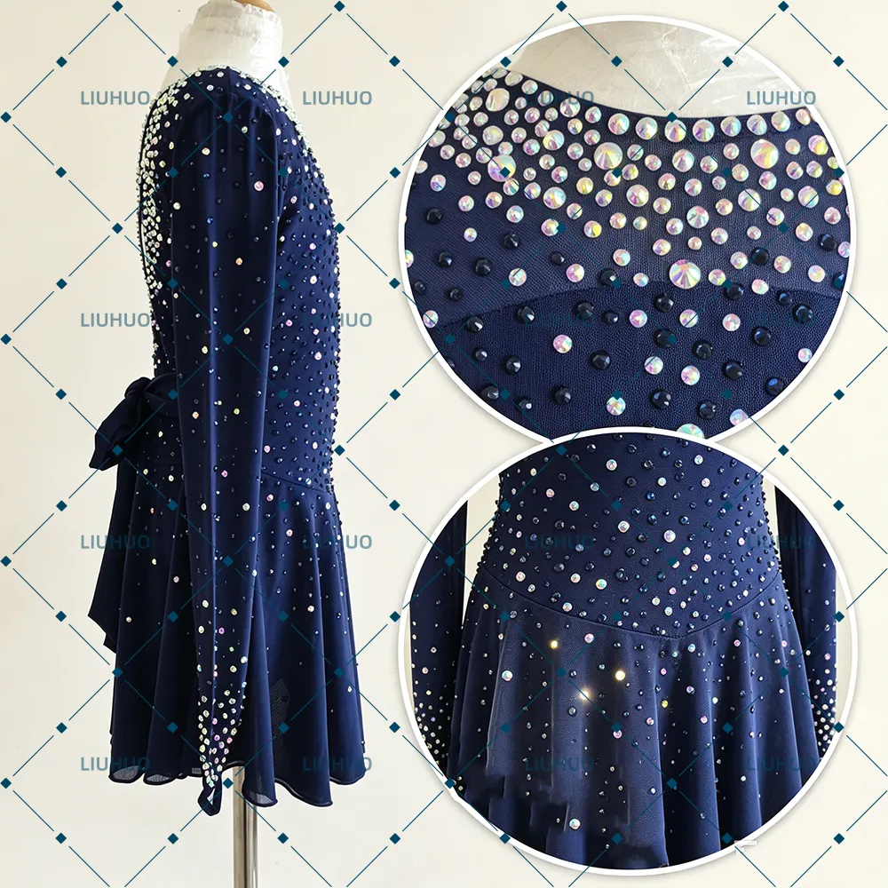 LIUHUO Figure Skating Dress  JC479 | Midnight Navy Blue Lattice Open Back Bow Tie Crystal Long Sleeve Outfit for Women & Girls
