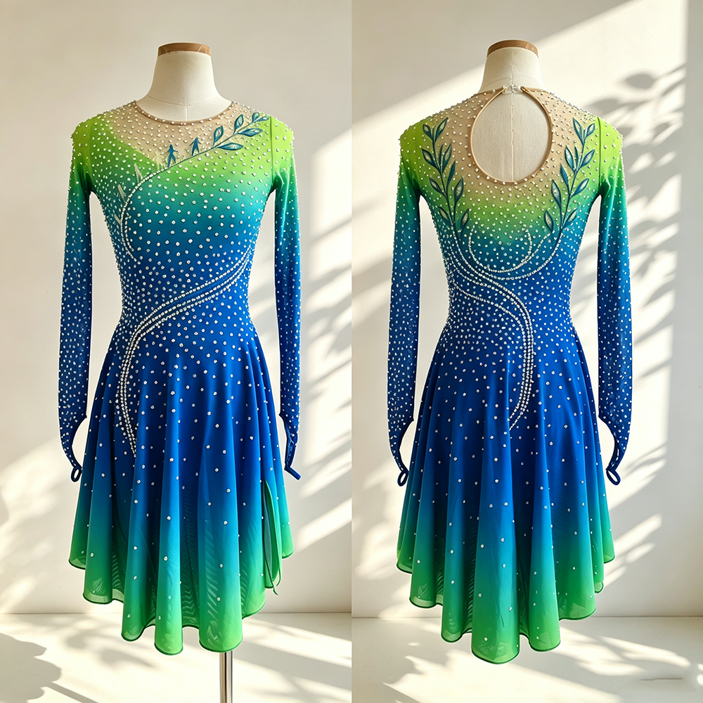 LIUHUO Figure Skating Dress  JC1275 | Vibrant Lime Green Royal Blue Gradient Vine Crystal Keyhole Back Long Sleeve Outfit for Women & Girls