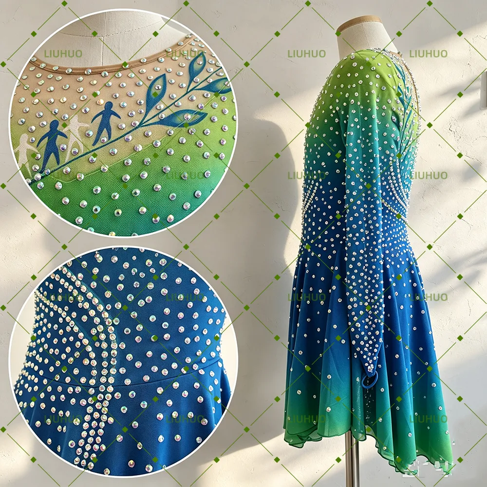 LIUHUO Figure Skating Dress  JC1275 | Vibrant Lime Green Royal Blue Gradient Vine Crystal Keyhole Back Long Sleeve Outfit for Women & Girls