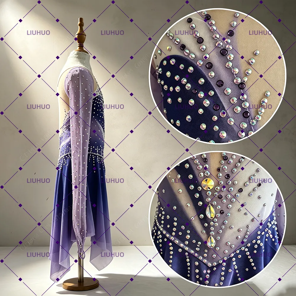 LIUHUO Figure Skating Dress  JC1261 | Lavender Violet Deep Indigo Ombré Feather Motif Crystal Long Sleeve Outfit for Women & Girls