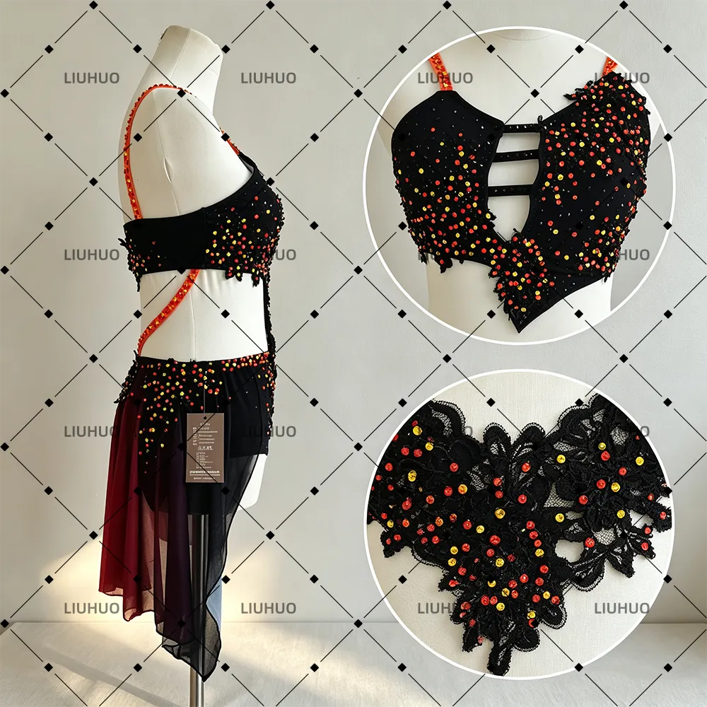 LIUHUO Lyrical Dance Costume JC902 | Onyx Black & Ember Red Multi-Cutout Ember Crystal Asymmetric Skirt Outfit for Women & Girls