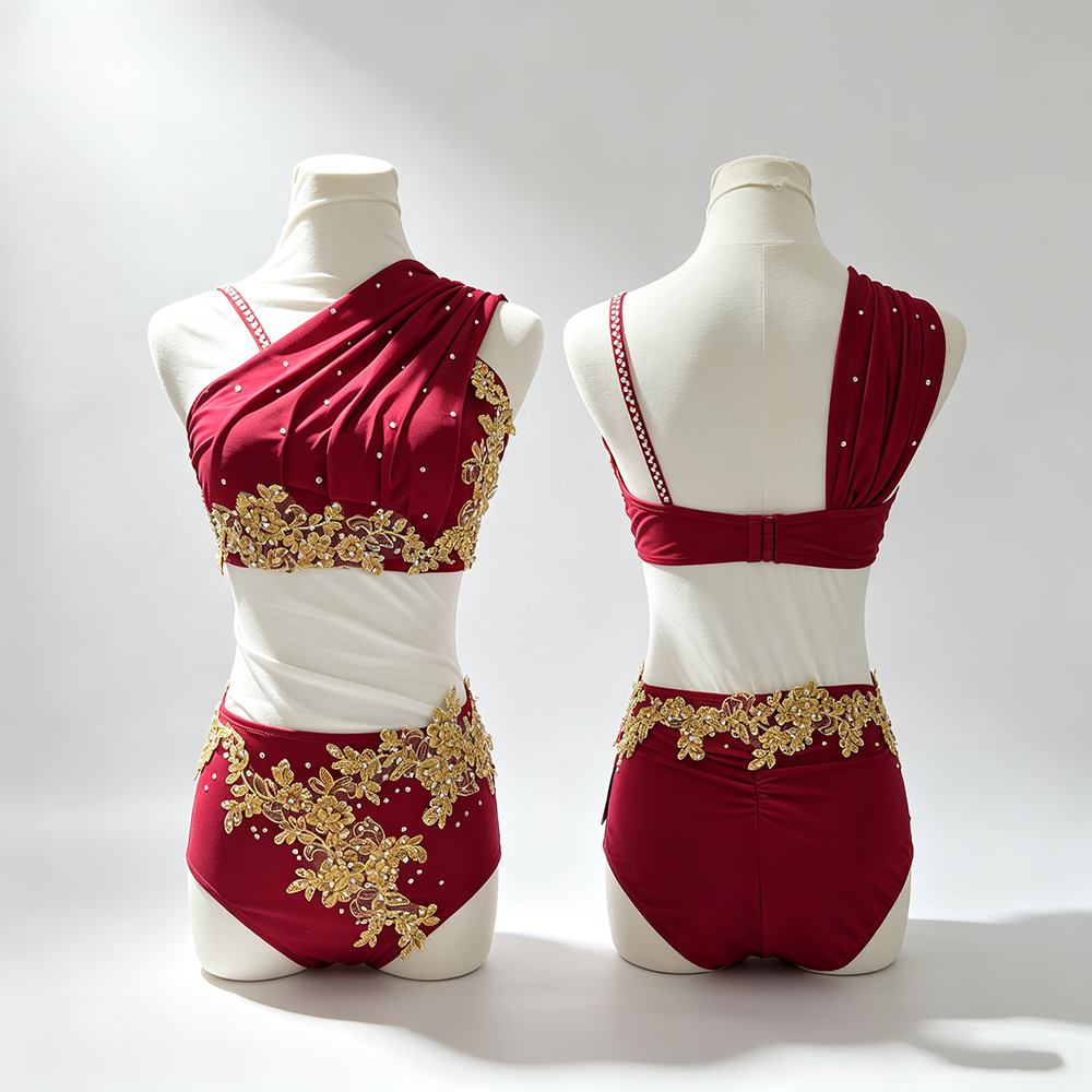 LIUHUO Lyrical Dance Costume BD8852 | Burgundy Gold Asymmetric Draped Lace Competition Contemporary Costume for Girls
