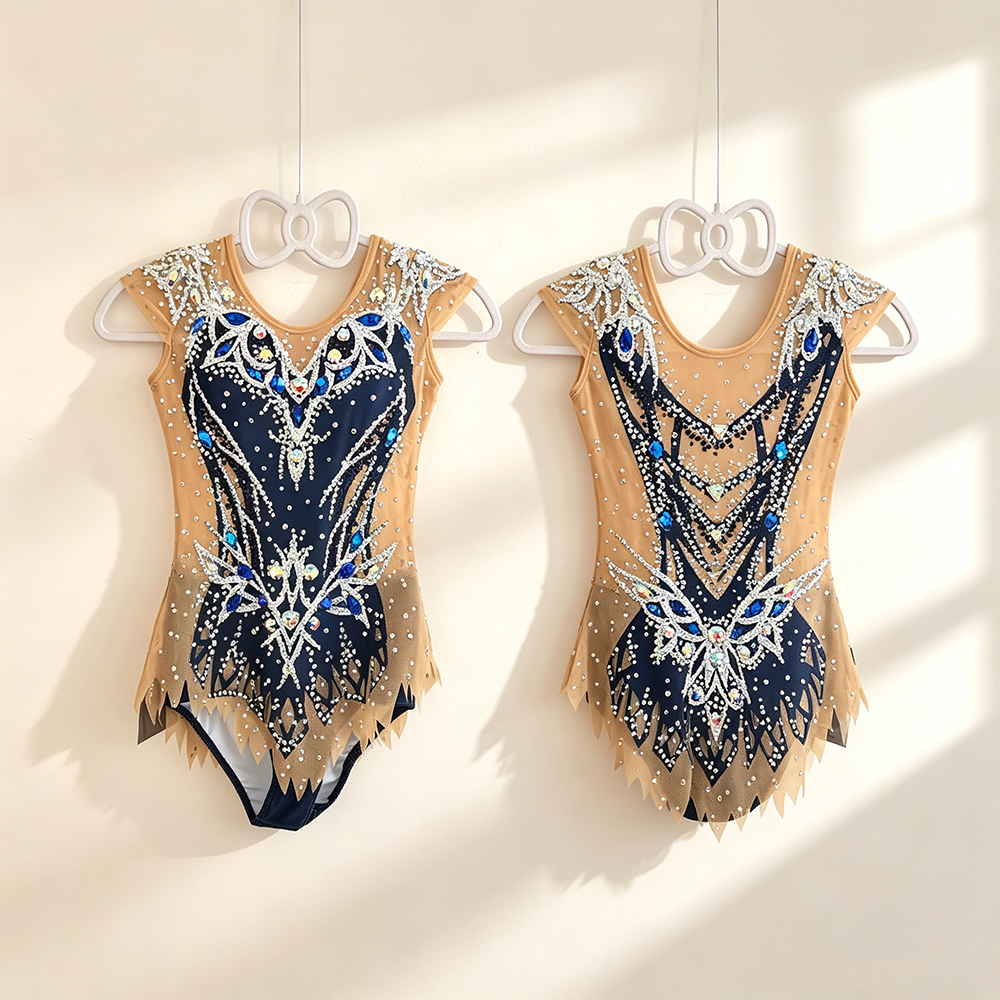 LIUHUO Rhythmic Gymnastics Leotards BD269 | Navy Royal Blue Crown Crystal Cap Sleeve Gymnastics Costume for Girls