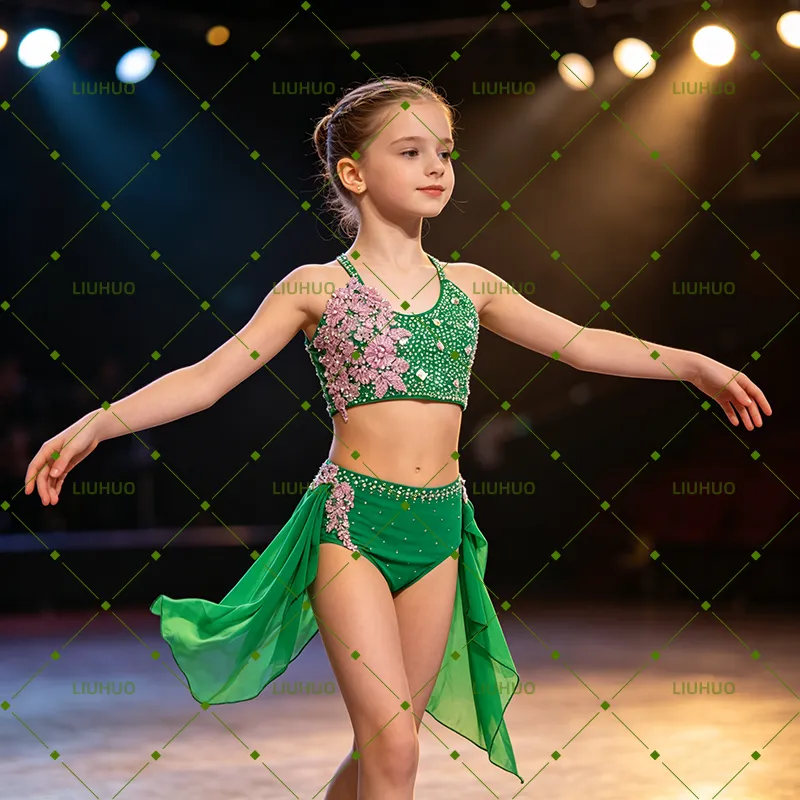 LIUHUO Lyrical Dance Costume JC1083 | Emerald Green Pink Floral Asymmetric Crystal Contemporary Costume for Girls