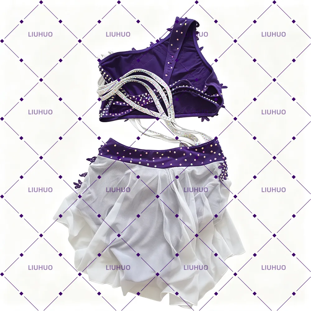 LIUHUO Lyrical Dance Costume BD1926 | Deep Purple White Asymmetrical Crystal Cross-Sash Two-Piece Mesh Costume for Women & Girls
