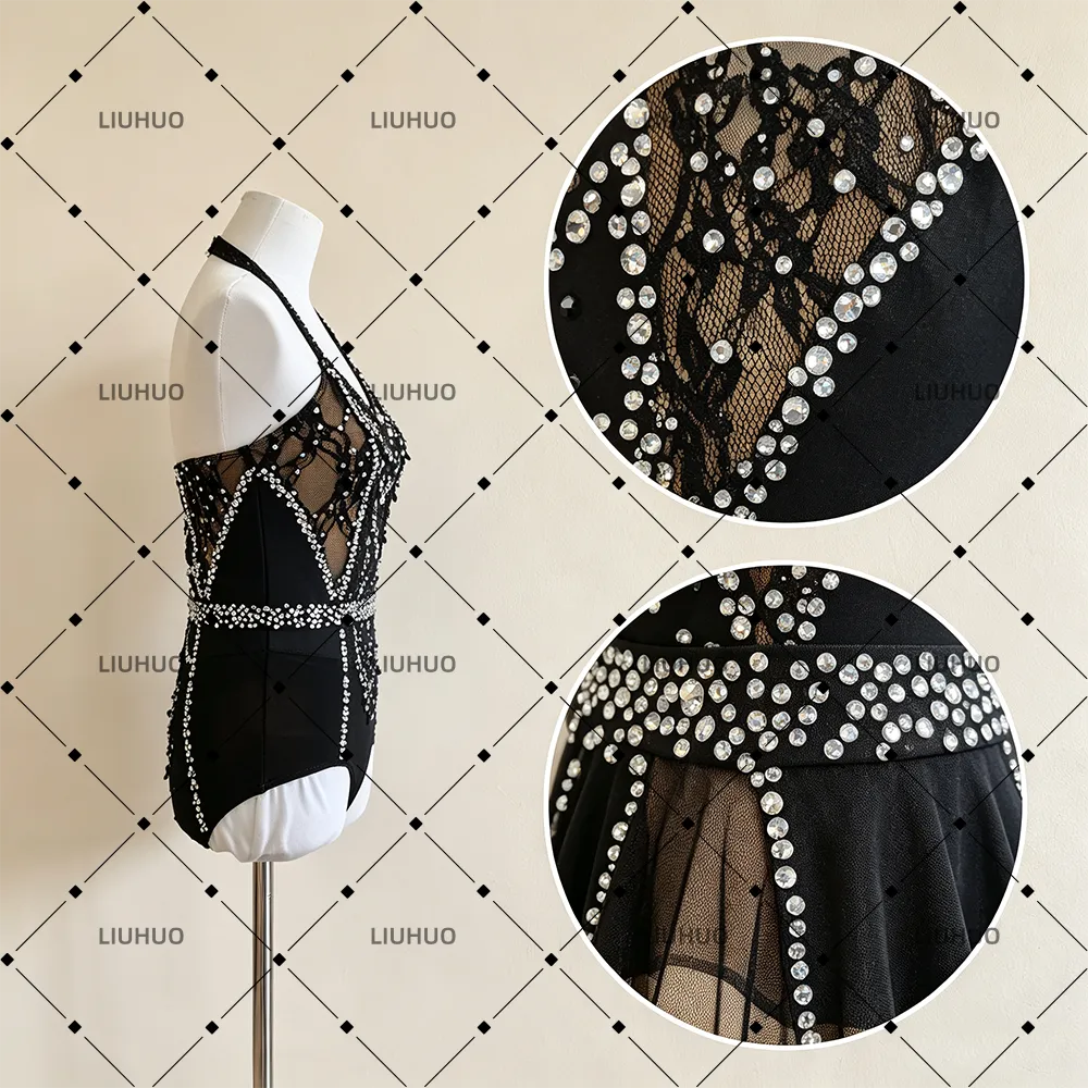 LIUHUO Lyrical Dance Costume JC888 | Onyx Black Crystal Lattice Halter Neck Sleeveless Leotard Outfit for Women & Girls