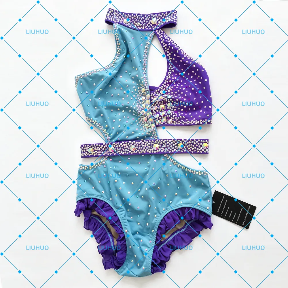 LIUHUO Lyrical Dance Costume JC1313 | Sky Blue Purple Colorblock Crystal Halter Multi-Strap Back Leotard for Women & Girls