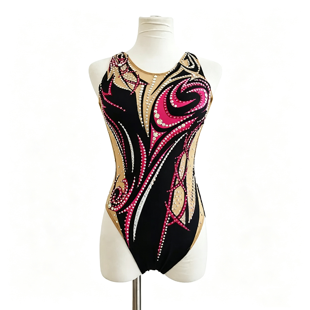 LIUHUO Artistic Swimming Costume JC820 | Black Hot Pink Flame Crystal Embellished Performance One-Piece Swim Costume for Girls