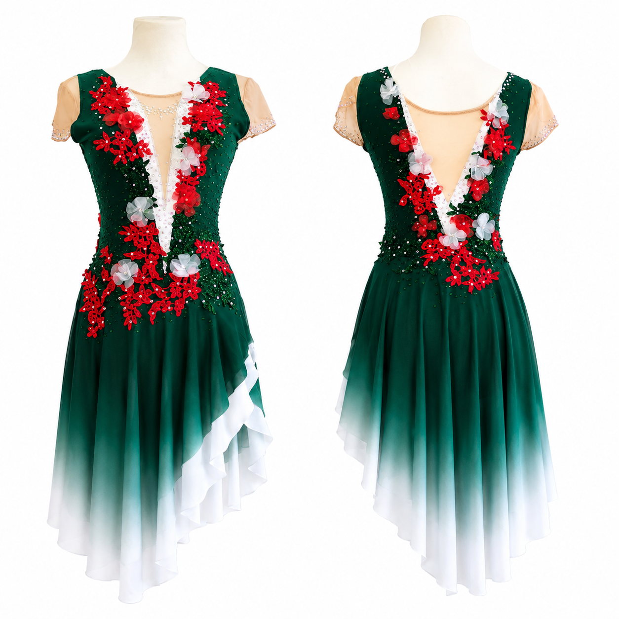 LIUHUO Figure Skating Dress JC1056 | Green Gradient Ice Skating Costume with Sparkling Rhinestones & Flowers
