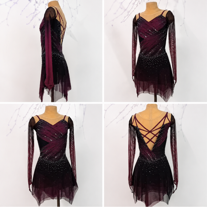 LIUHUO Figure Skating Costume JC878 | Purple Black Gradient Crisscross Long Sleeve Competition Skating Costume for Girls