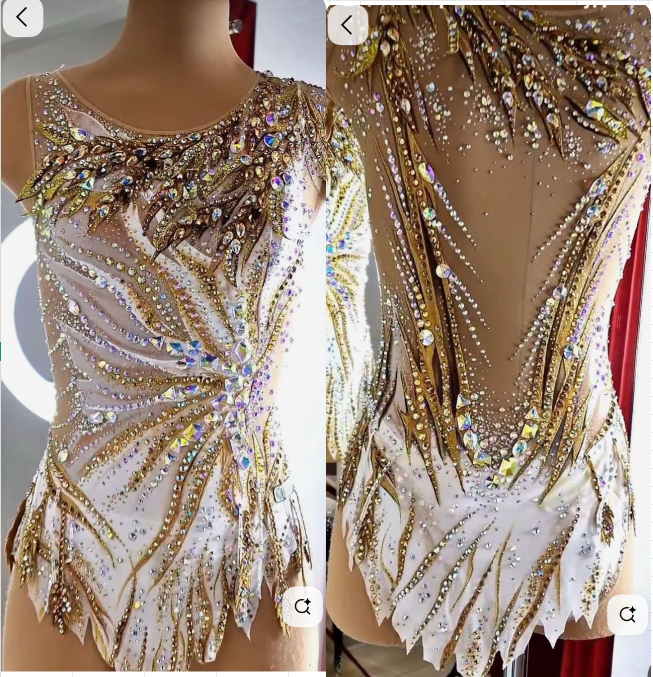 LIUHUO Rhythmic Gymnastics Costume BD9715 | Gold White Luxury Crystal Competition Gymnastics Costume for Girls