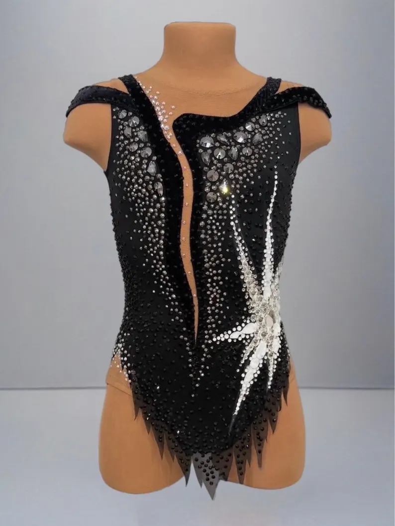 LIUHUO Rhythmic Gymnastics Leotards JC1267 | Black & Silver Crystal Competition Gymnastics Costume for Girls & Women
