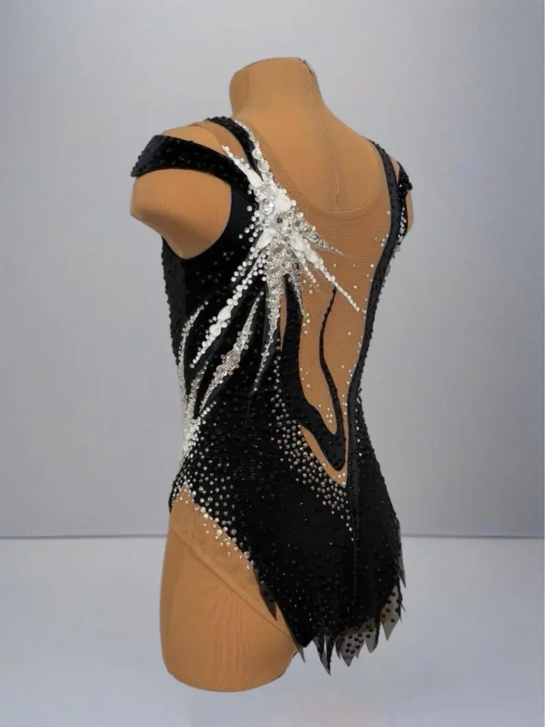 LIUHUO Rhythmic Gymnastics Leotards JC1267 | Black & Silver Crystal Competition Gymnastics Costume for Girls & Women