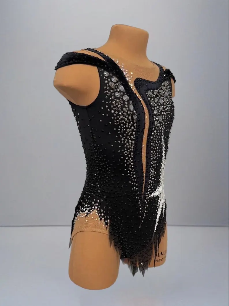 LIUHUO Rhythmic Gymnastics Leotards JC1267 | Black & Silver Crystal Competition Gymnastics Costume for Girls & Women