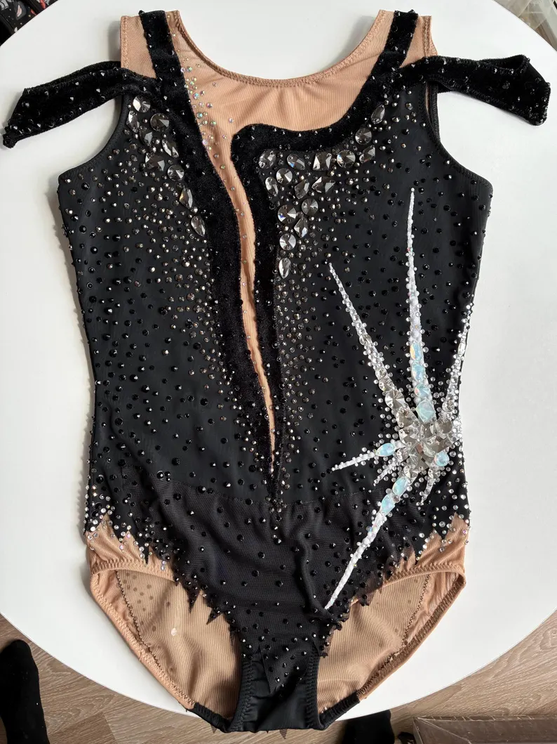LIUHUO Rhythmic Gymnastics Leotards JC1267 | Black & Silver Crystal Competition Gymnastics Costume for Girls & Women