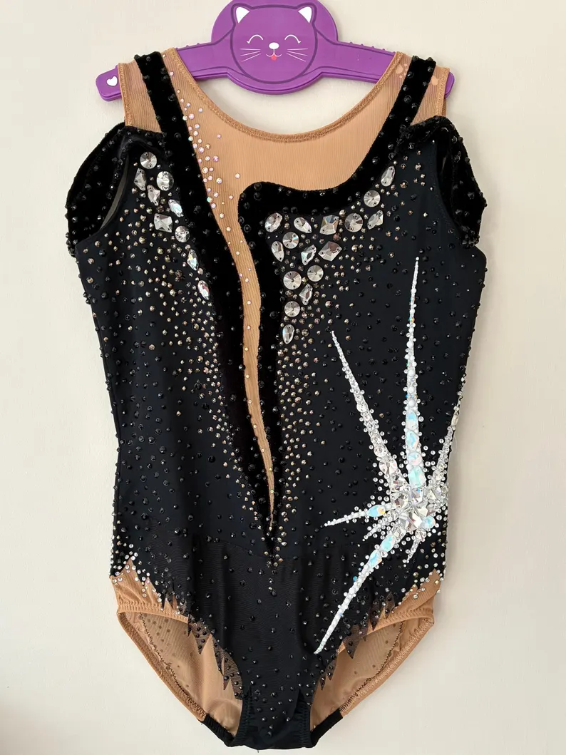 LIUHUO Rhythmic Gymnastics Leotards JC1267 | Black & Silver Crystal Competition Gymnastics Costume for Girls & Women
