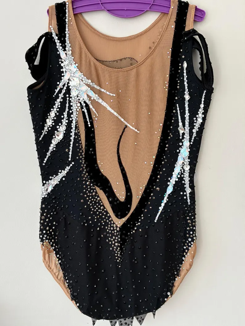 LIUHUO Rhythmic Gymnastics Leotards JC1267 | Black & Silver Crystal Competition Gymnastics Costume for Girls & Women