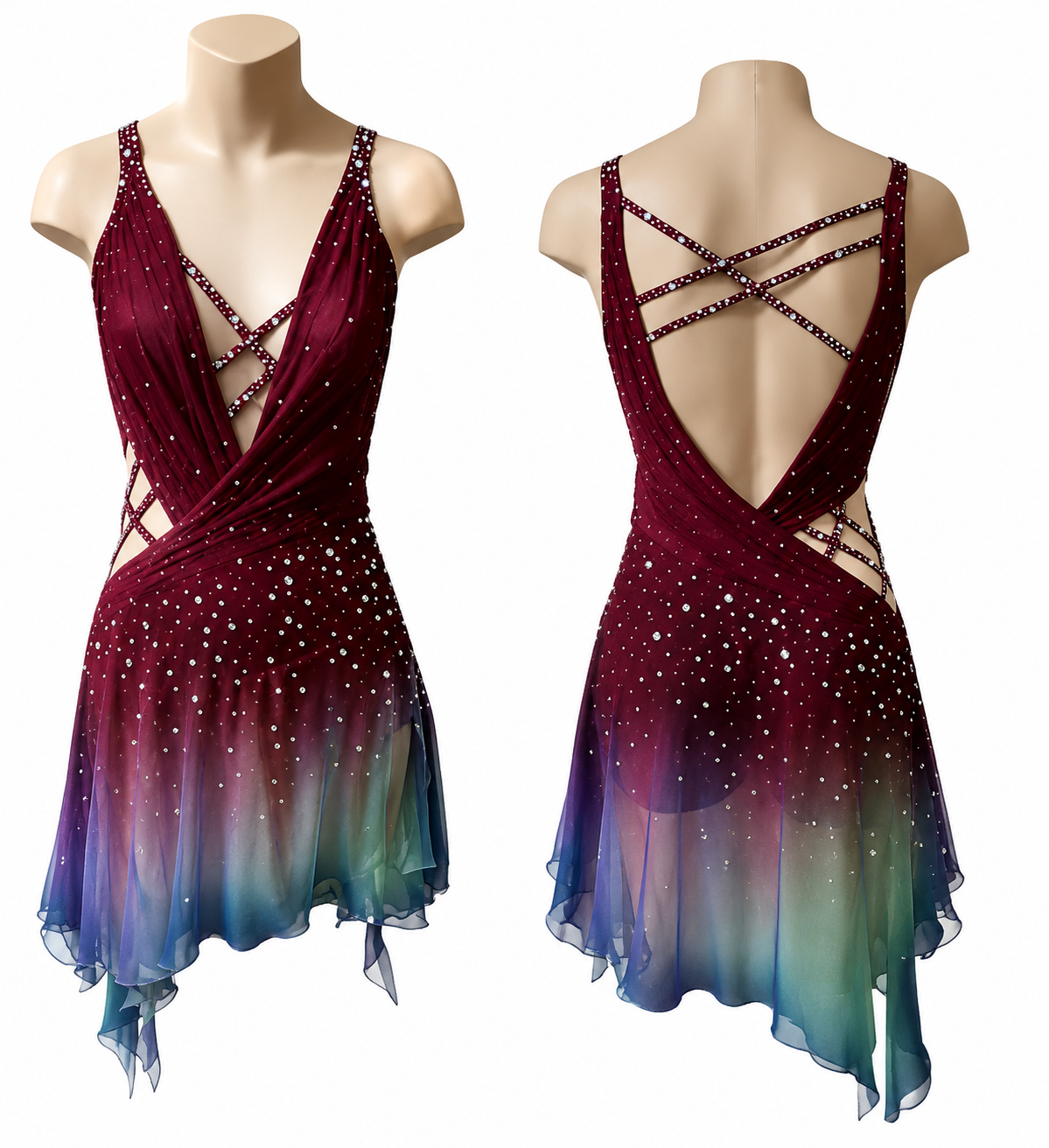 LIUHUO Figure Skating Dress JC | Burgundy Ombre Crystal Competition Ice Skating Costume for Girls