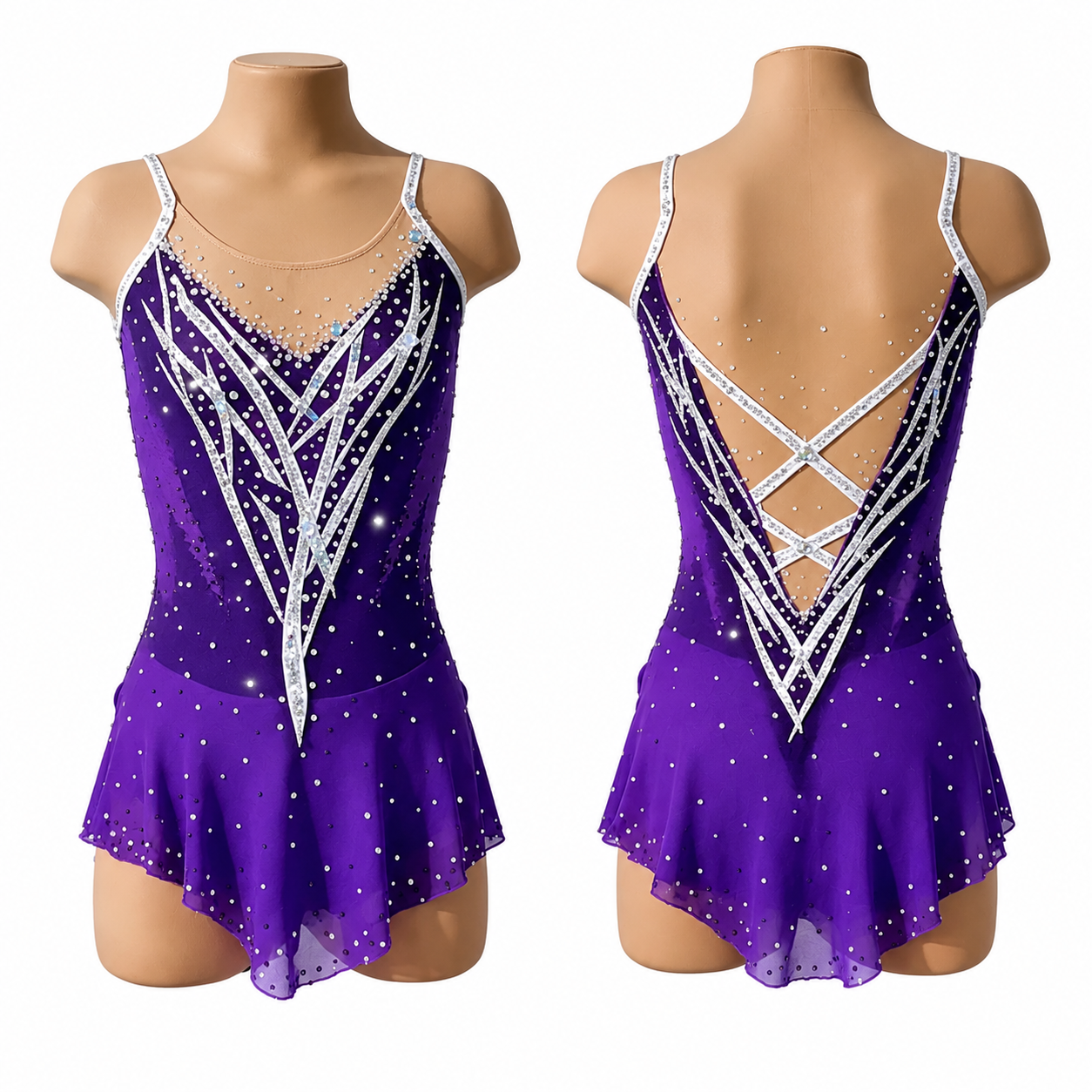 LIUHUO Rhythmic Gymnastics Leotards JC | Purple V Strap Dotted Mesh Competition Gymnastics Costume for Girls